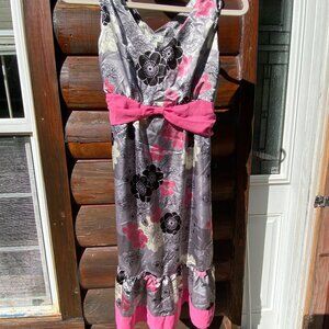Cato Girls Pink Black Silver Satin Flower Floral Dress w/Pink Bow &Trim Size 16